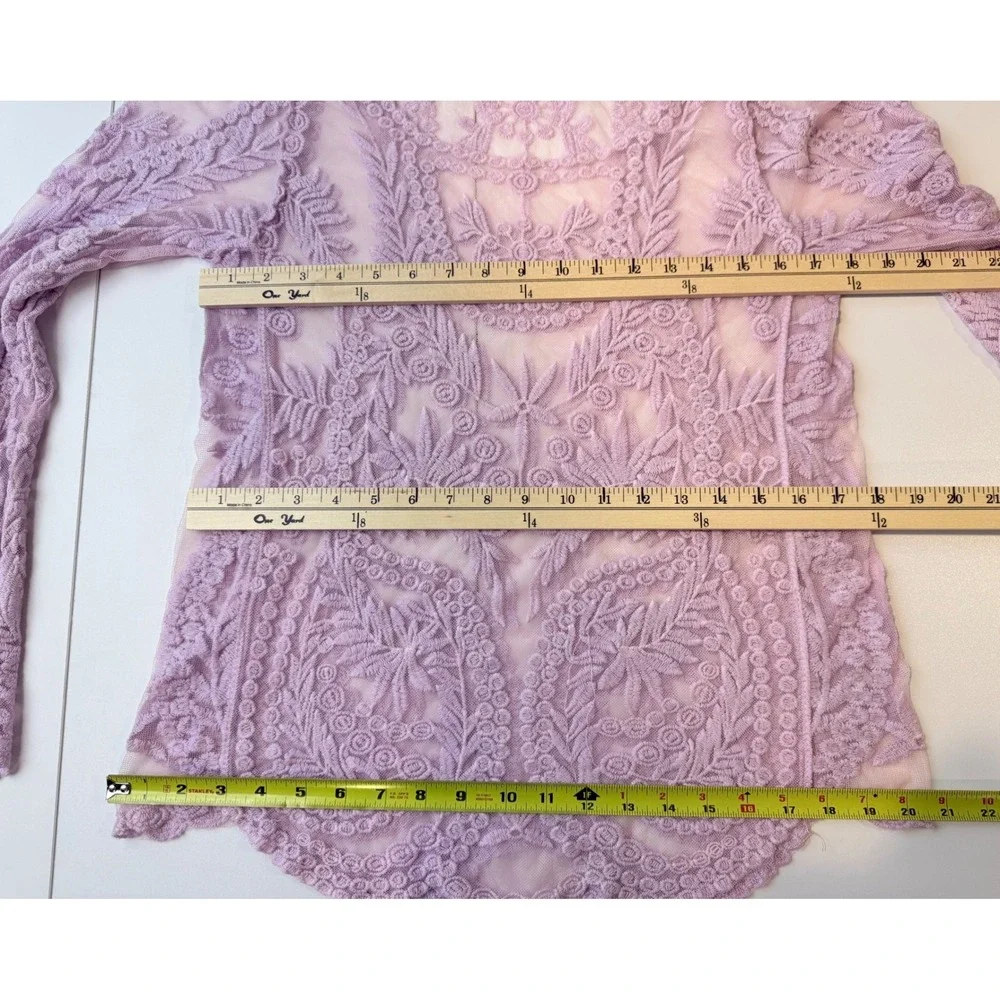 Lace Top Womens L Lavender Purple Sheer Floral Boho Long Sleeve‎ Ethereal Fairy